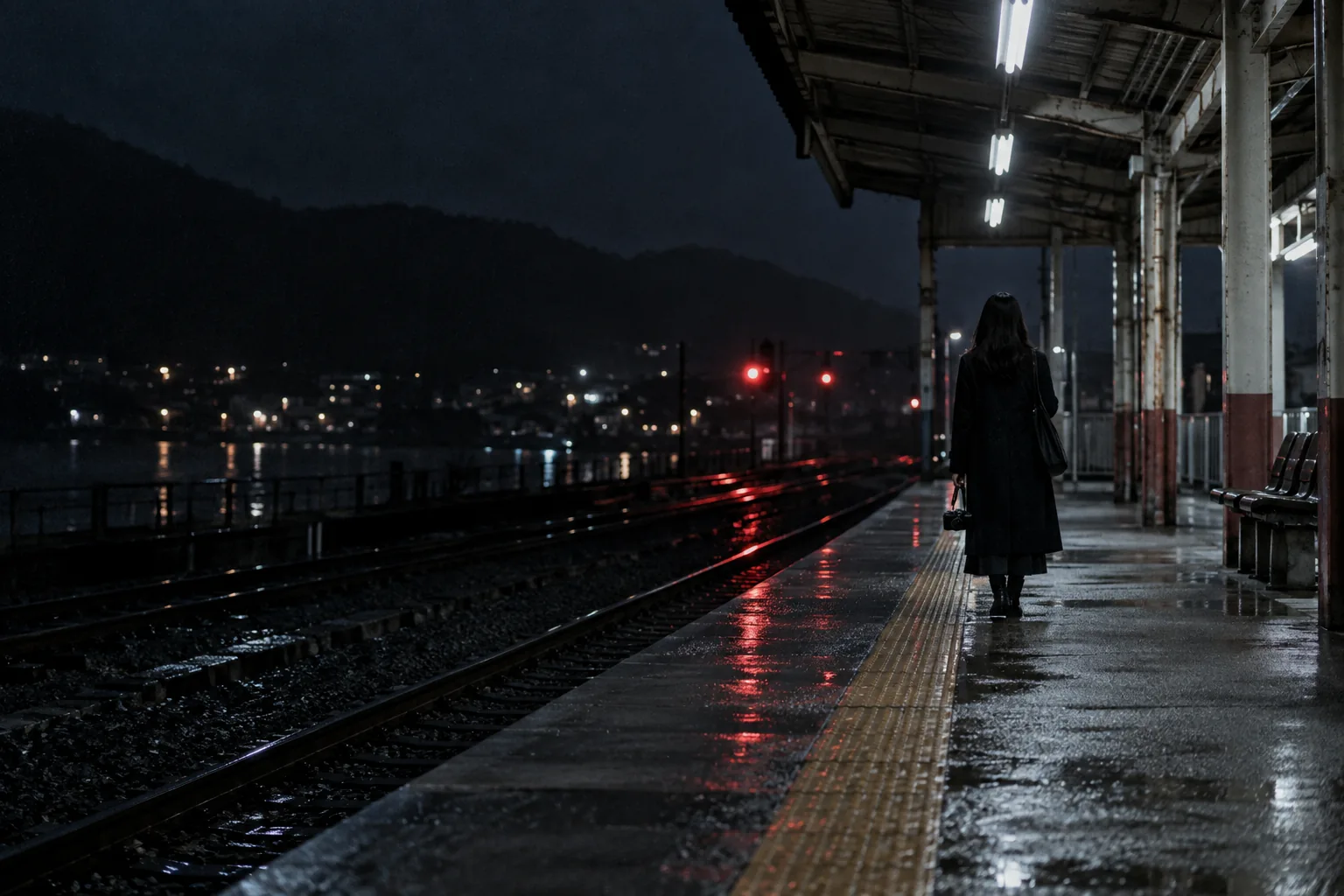 A lone woman with a camera waiting on a wet train platform at night